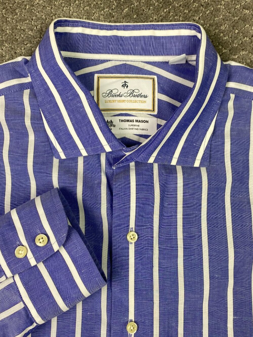 Brooks Brothers Thomas Mason Shirt Mens 17 33 Blue White Striped Dress Linen